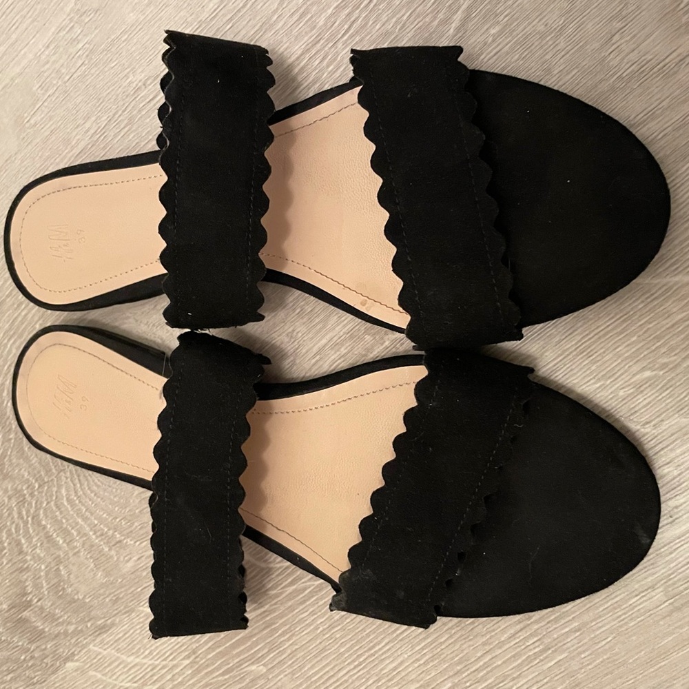 Faux Suede Scallop Flat Black Sandals - Picture 10 of 11
